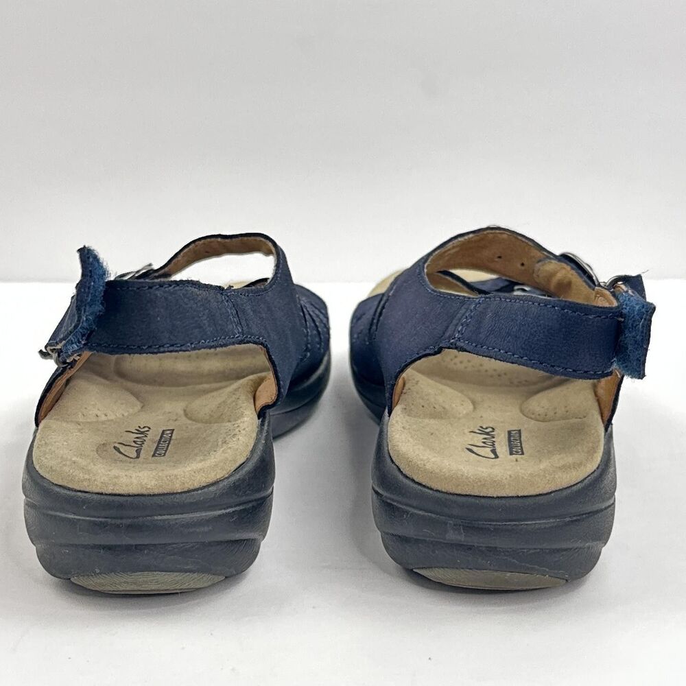 Clarks Sandals Womens 6.5 Navy Blue Nubuck Triple Buckle Sligback Wedge Saylie - Picture 6 of 10